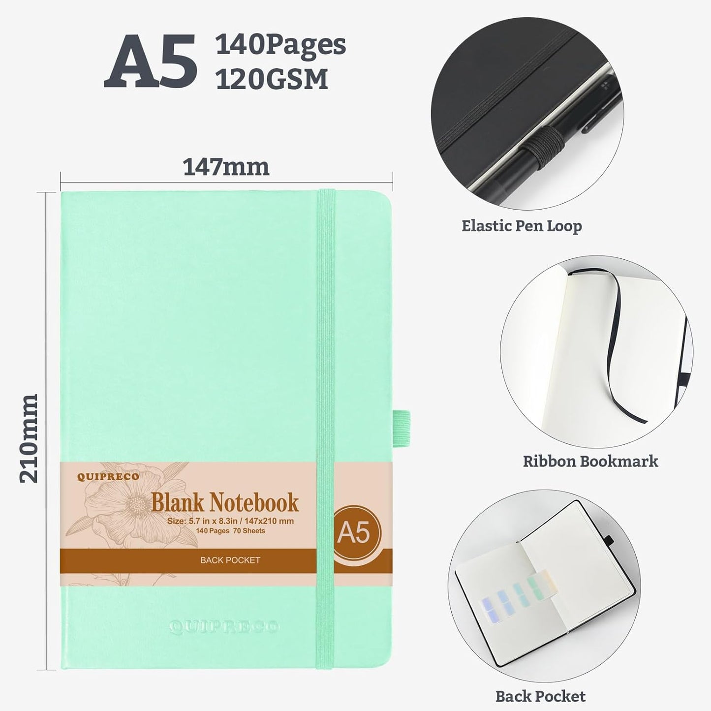 2Pack Blank Hardcover Sketch Book Notebook, A5 140 Pages 120Gsm Thick Journal for Drawing,School,Work,Diary，5.7''*8.3'',Light Green