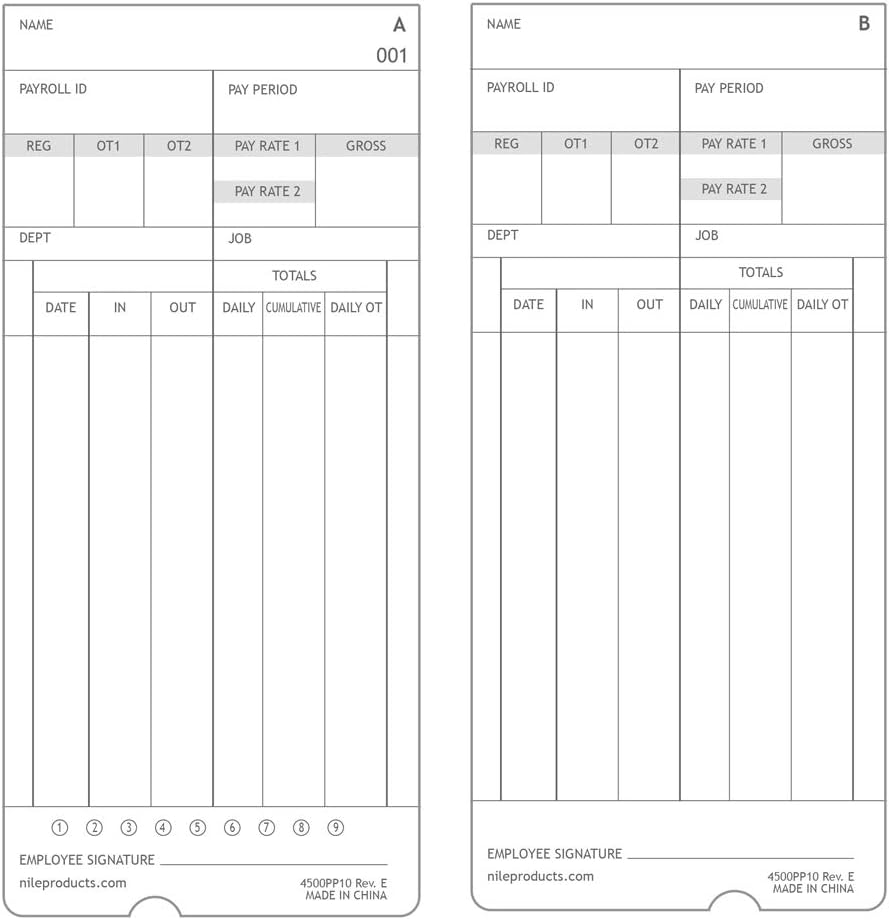 Nile Products - Authentic Time Cards for Nile Products 4500PP Compatible [ 4500PP10MB ] Electronic Calculating Time Clock, Double Sided Time Sheets (3.37 x 7.37 Inches) - 1000 Time Cards