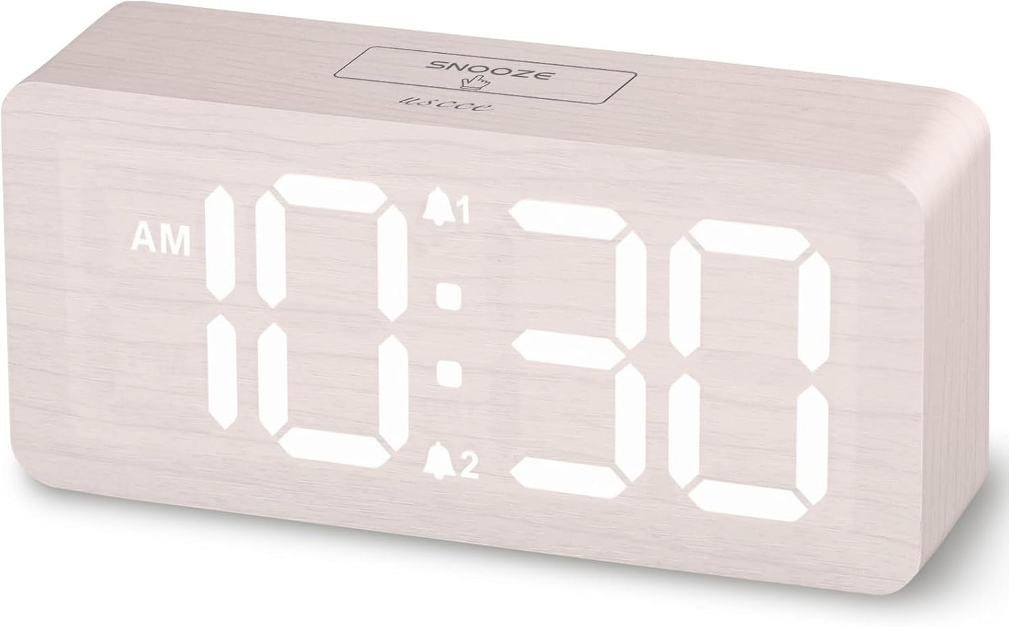 uscce Wooden Digital Alarm Clocks for Bedrooms: Dimmable Dual Alarm Clock with Large Numbers for Bedside Desk - Loud Alarm for Heavy Sleepers with Volume Control - Wood Decor & Gifts