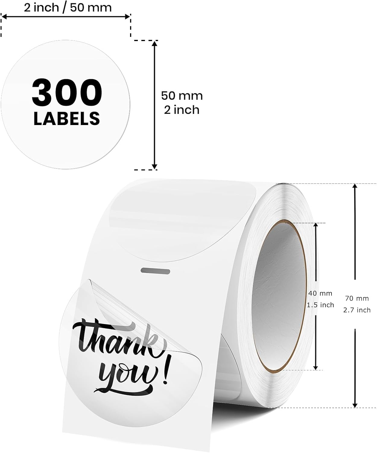 Transparent Thermal Labels Round 2 Inch Self Adhesive Circle Clear Printer Stickers Vinyl Waterproof Roll Decals Name Tag for Address Design DIY Logo Business 300 PCS