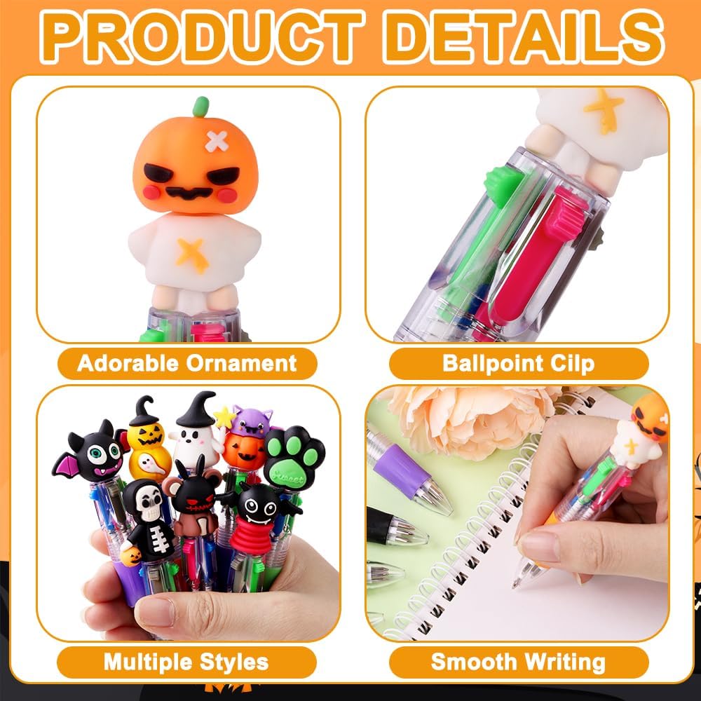 24PCS Halloween Multicolor Ballpoint Pens 4 Colors in 1 Retractable 0.7mm Cartoon Cute Fun Pens for Kids Ghost Pumpkin Writing tationery for Holiday Party School Supplies Students Rewards