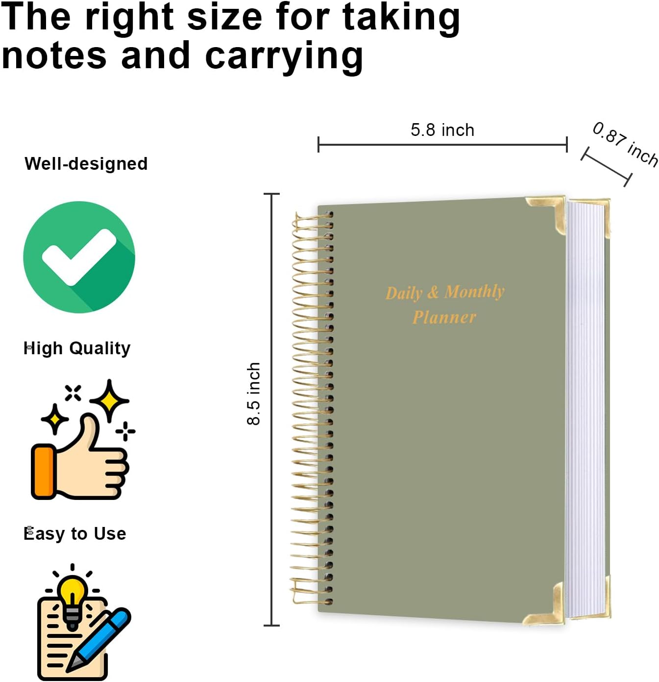 Undated Daily Monthly Planner for 2025 2026 - A5 To Do List with Hourly Schedule, Hardcover Spiral Bound Daily Planner to Increase Focus, Stylish School/Office Supplies, 5.8" x 8.5", Green
