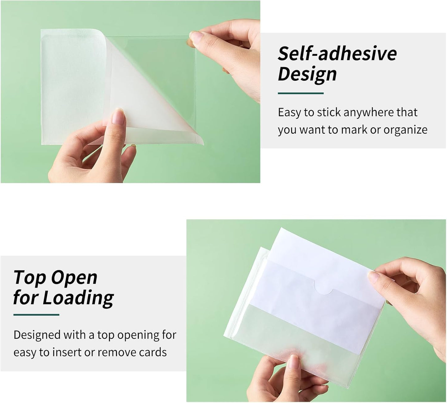 52 Pack Clear Adhesive 3" x 5" Index Card Pockets with Top Open, Plastic Card Sleeves Index Card Holder for Organizing Storage Bins, Library Cards, Notes, Drawer