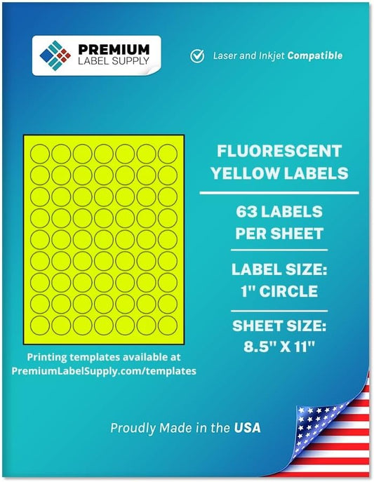 Premium Label Supply Bright Neon Color Fluorescent Sticker Labels - 1" Round Labels - (Fluorescent Yellow, 6,300 Labels)