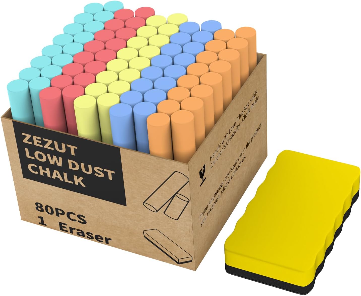 Colored Chalk with Magnetic Eraser, 80PCS Low Dust Chalks Stick Bulk for Chalkboard Blackboard Non-Toxic