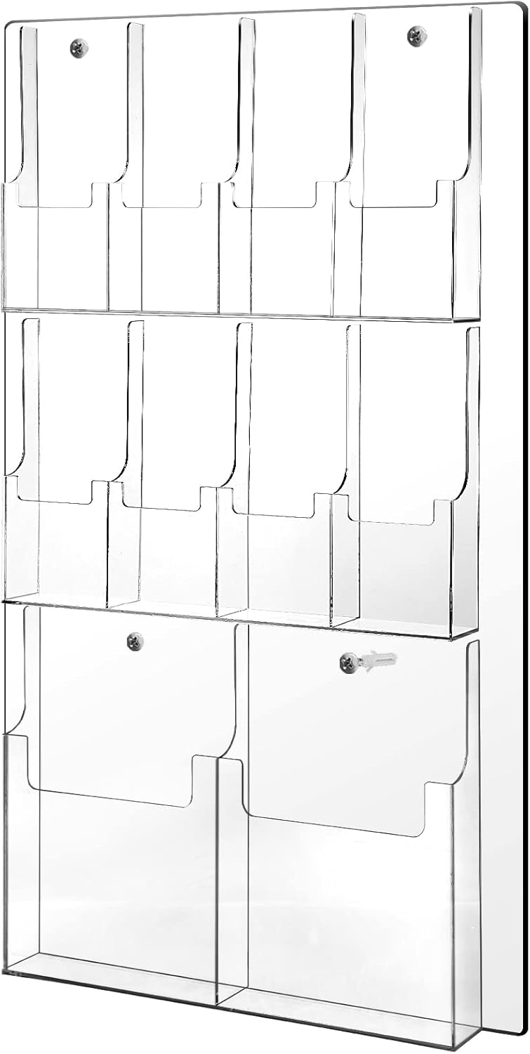 Weysat Acrylic Brochure Holder Wall Mount, Clear Plastic Pamphlet Holder Magazine Display Trifold Flyer Rack Hanging Literature Storage Organizer(2 Magazine Pockets, 8 Pamphlet Pockets)