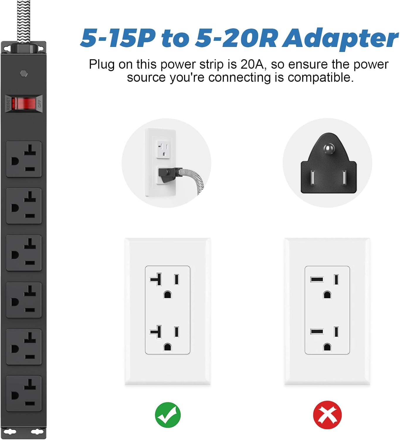 Heavy Duty Power Strip 20 amp Surge Protector,Wall mountable Power Strip,12 Gauge Extension Cord 5-15P Adapter High Amp 6-20R T-Slot Industrial Outlet,for Garage,Workshop & Industrial