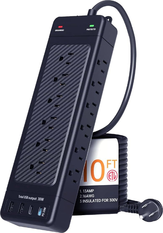 Surge Protector Power Strip Heavy Duty 10 ft Cord High Joules Protection (4800J)/18AC outlets/USBs (2A+2C PD20W)/1875W/15A,Flat Plug,Commercial,Industrial,Office,Home,College,Black,Insurance Coverage