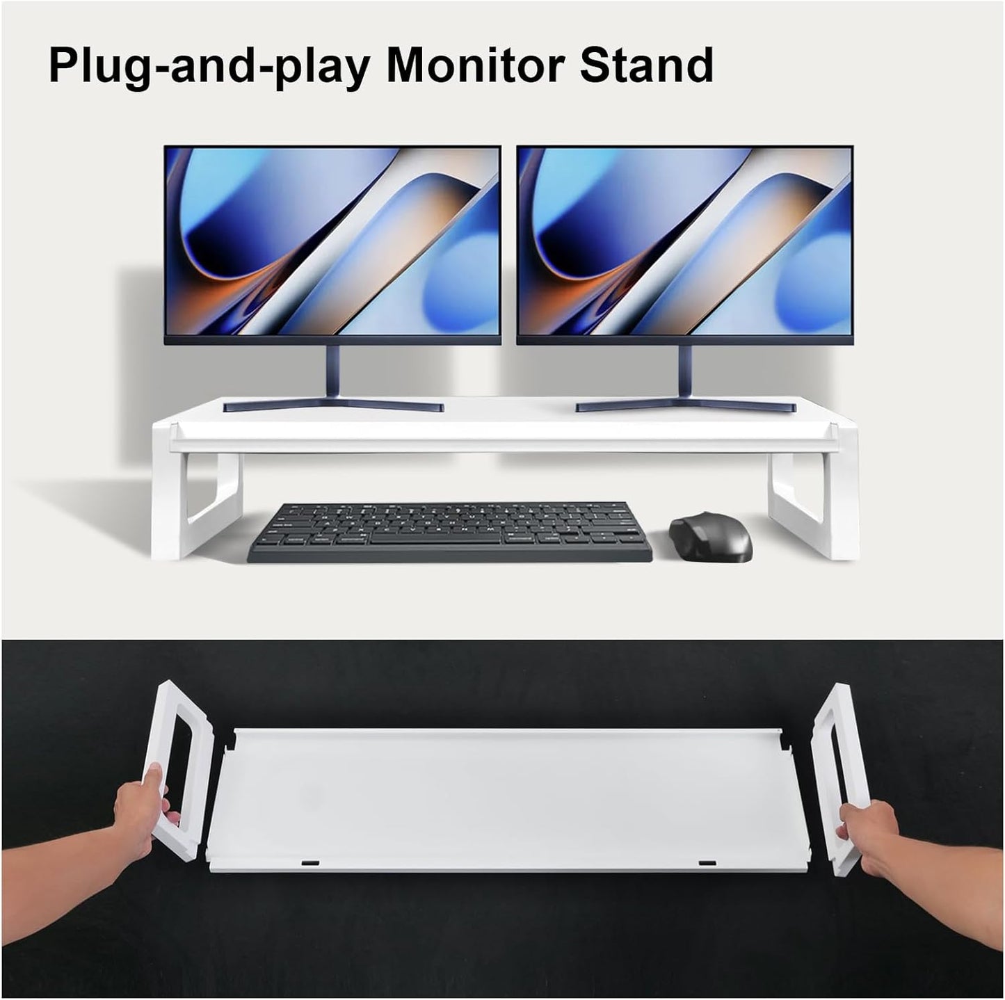 Dual Monitor Stand Riser – 28-Inch Computer Monitor Stand with Multifunctional Slot for 2 Monitors, Multi-Purpose Desktop Storage for Laptop, Printer, TV