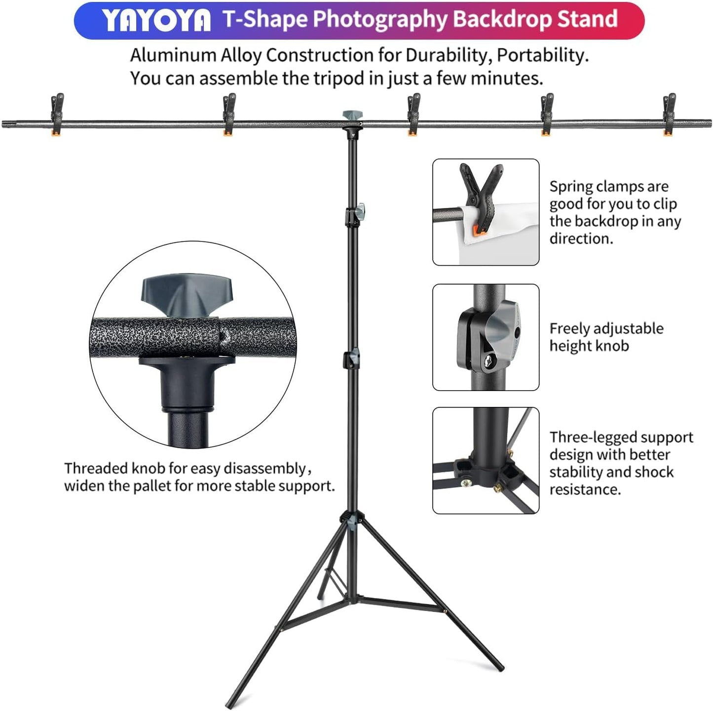 White Backdrop with Stand, 6x9 ft White Photo Backdrop Curtain with 6.3x6.5 ft Background Stand, Portable Backdrop Support Kit with Carrying Bag, 5 Strong Spring Clamps