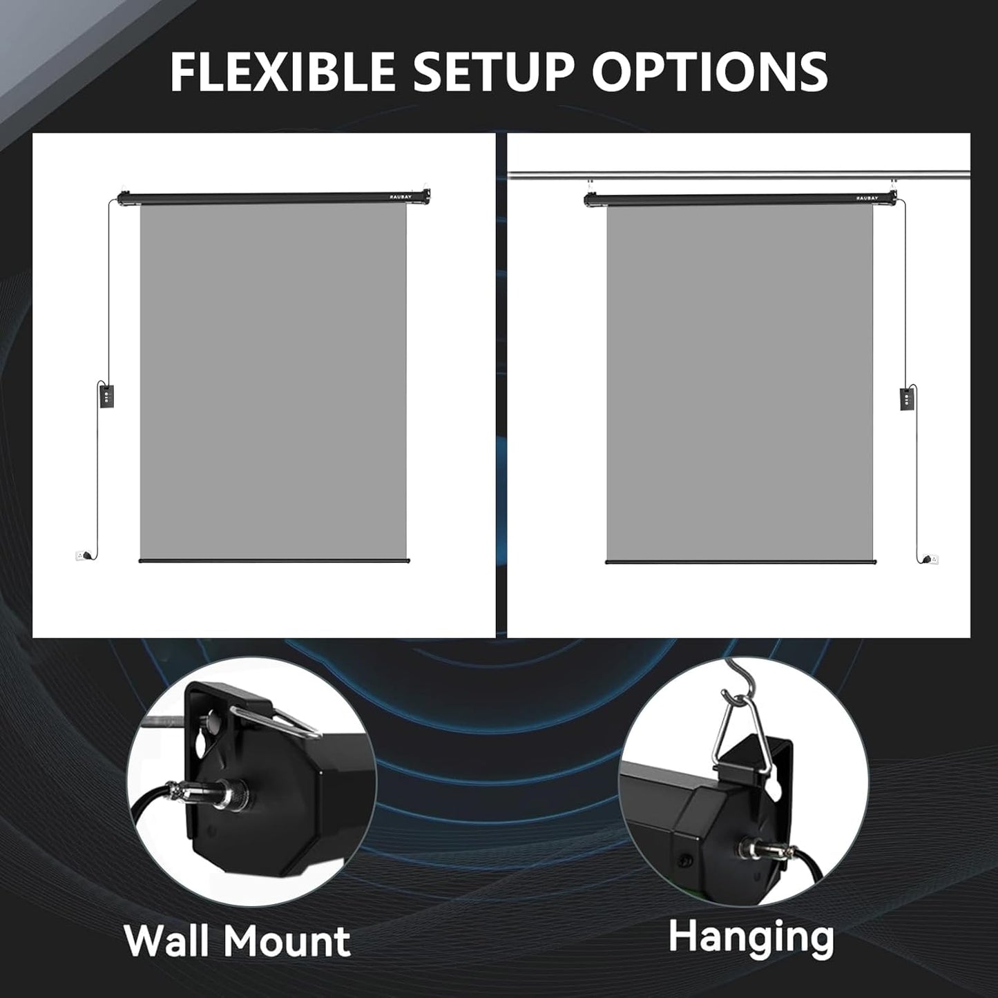 RAUBAY Motorized Pull Down Grey Screen Backdrop - 59.8" x 86.6" Collapsible Wall-Mount Background for Professional Video Production, Photography Studio, Video Conferencing and YouTube, TikTok Creator