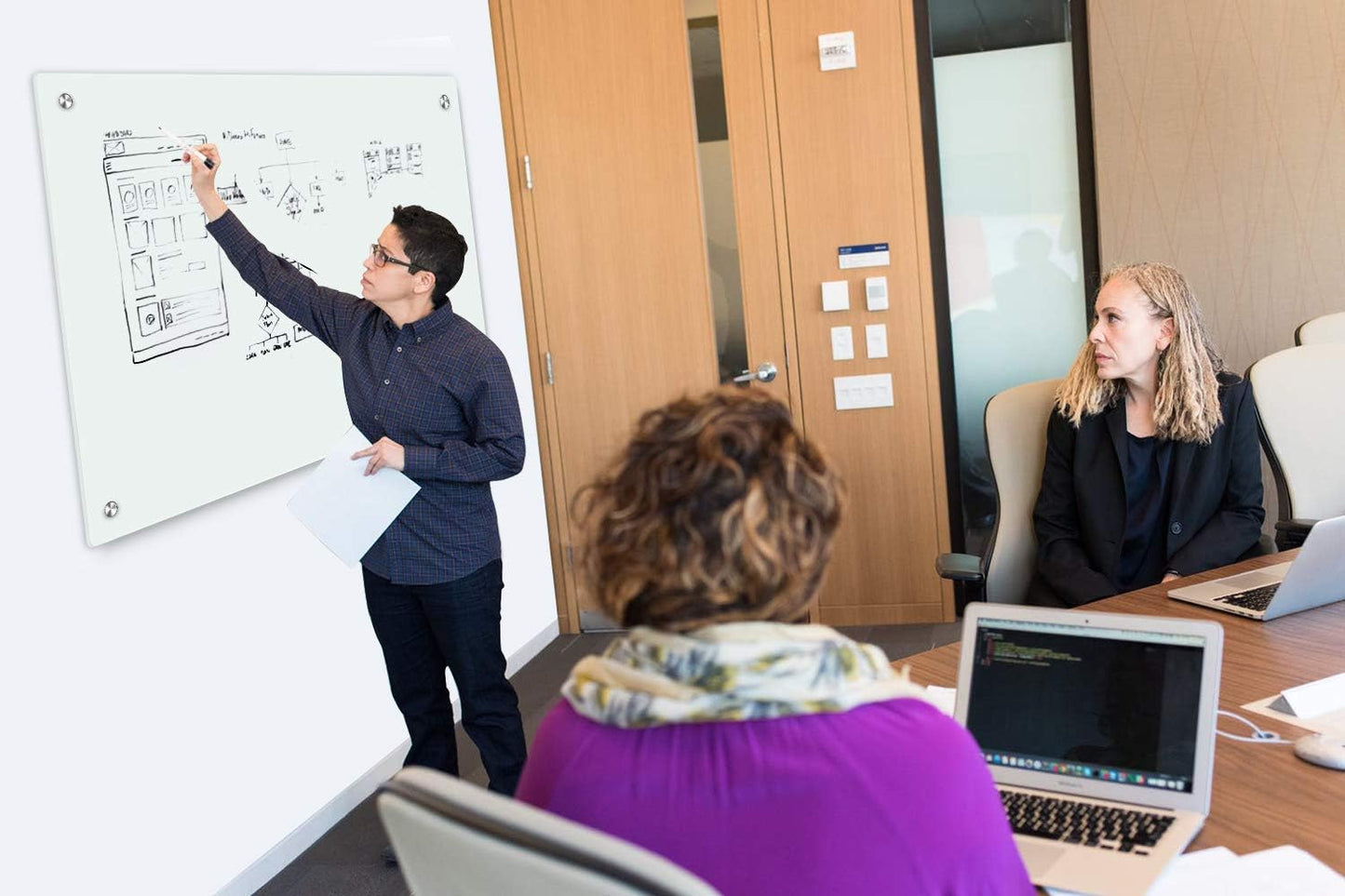 Magnetic Glass Whiteoard with Eraser 48" x 36" Frameless Tempered Glass Dry Erase Whiteboard with Marker Tray for Interactive Office, Wall Mounted Whiteboard (White)