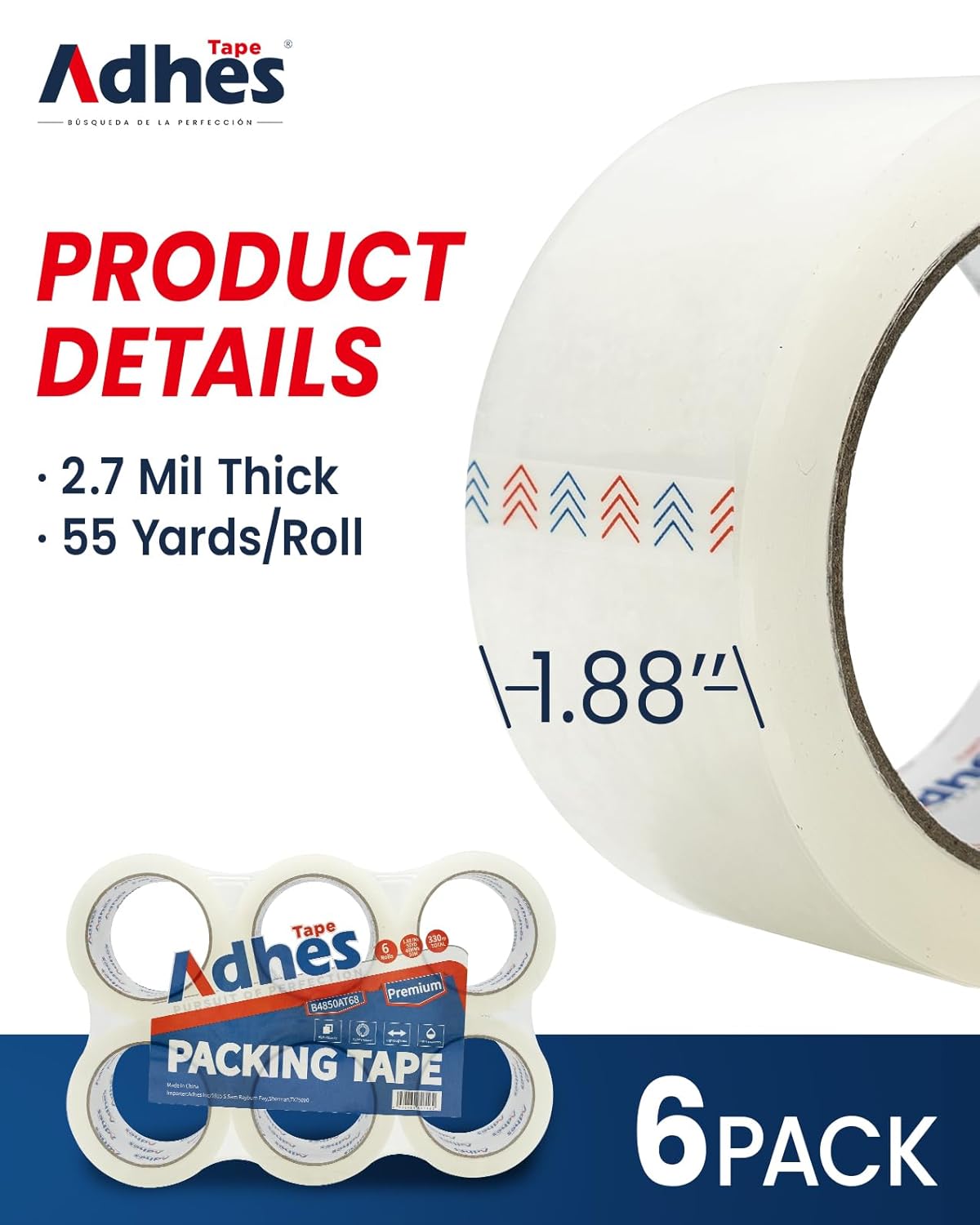 ADHES Premium Packing Tape – 6 Rolls, 1.88" x 165 ft (55 Yards), 2.7 mil Thick Clear Shipping Tape – Ultra-Strong & Durable for Packaging, Moving, Mailing, and Sealing