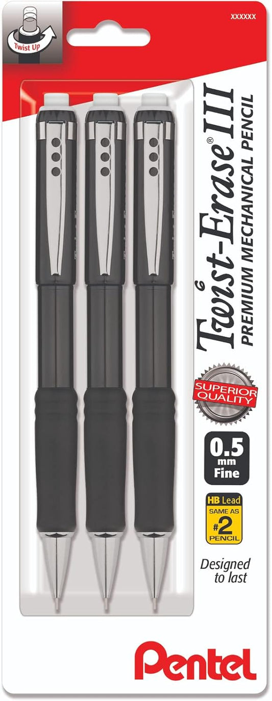 Pentel Mechanical Pencil 0.5 mm Twist Erase III, Twist Up Eraser, Pre-Loaded Super Hi-Polymer HB Lead, Black Barrel, 3-Pack