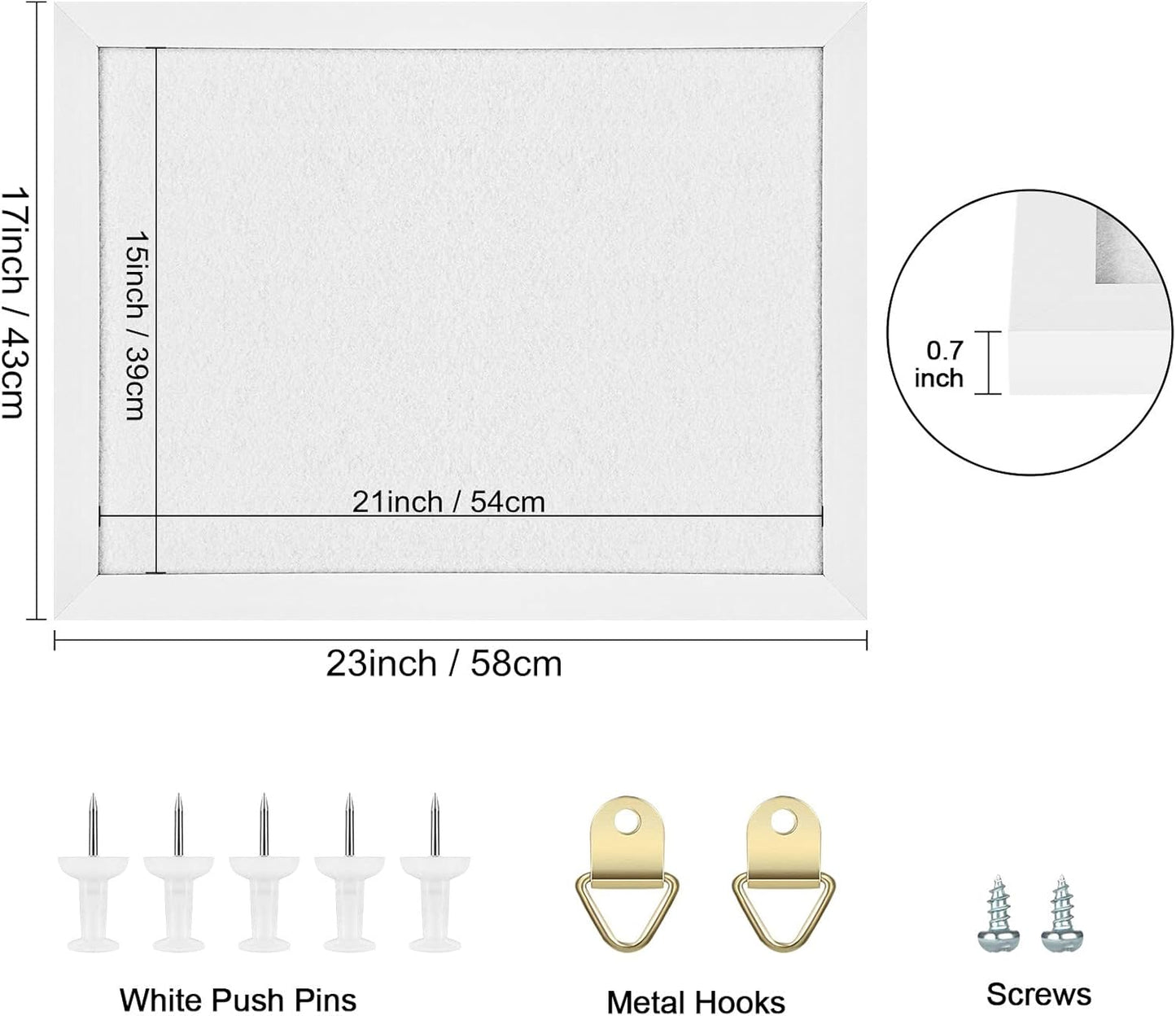 TORASO Cork Board Bulletin Board, Cork Boards for Walls with Pins, Eye Bolts, gaskets, Screws, Pin Board for Office, School and Home (White, 17“x23-1P)