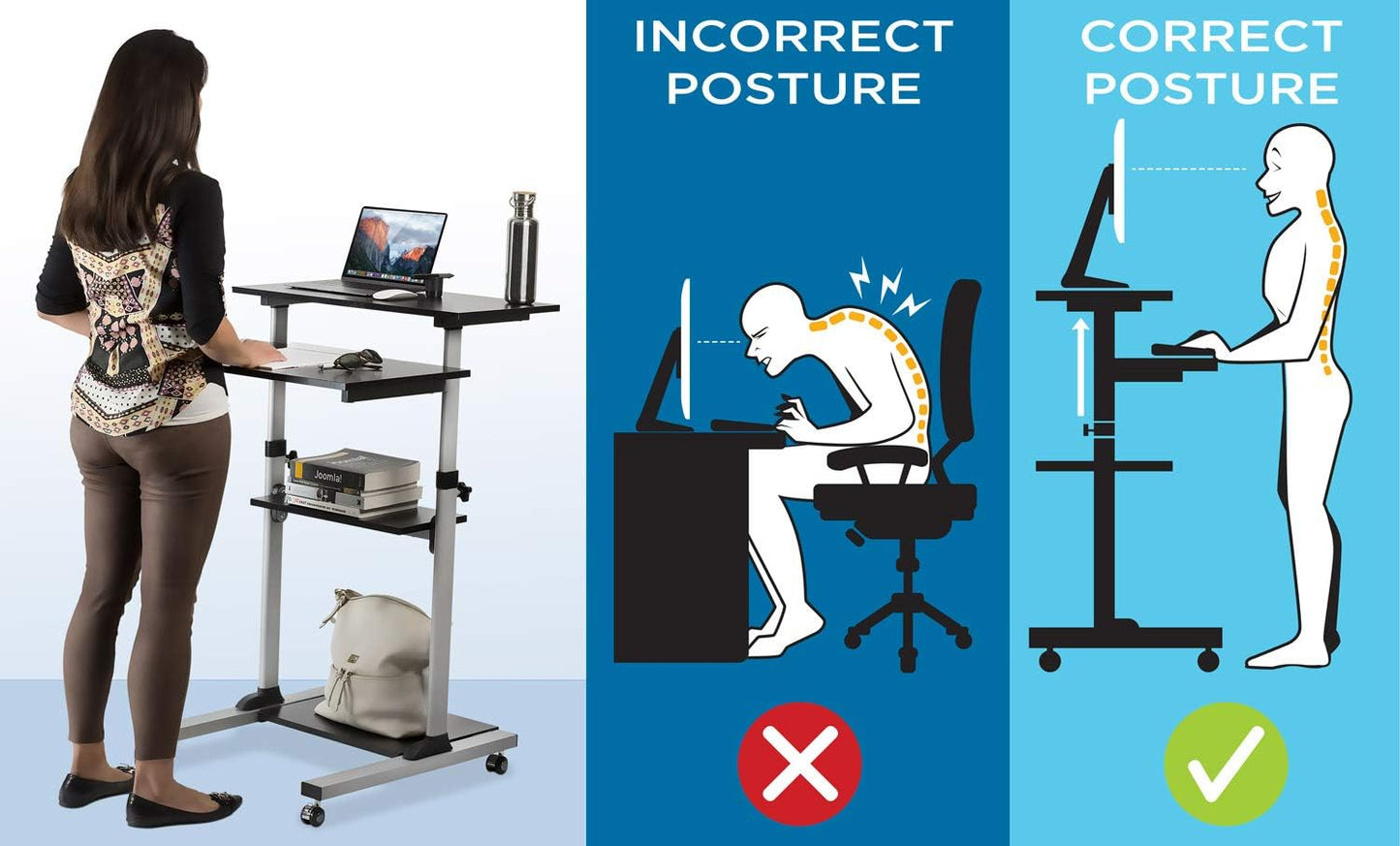 Mount-It! Rolling Desk Adjustable Height up to 54.7", Portable Standing Desk for Laptop or Podium Stand with Wheels, Mobile Roller Presentation Cart, Computer Work Station 27.5" Wide, Locking Wheels