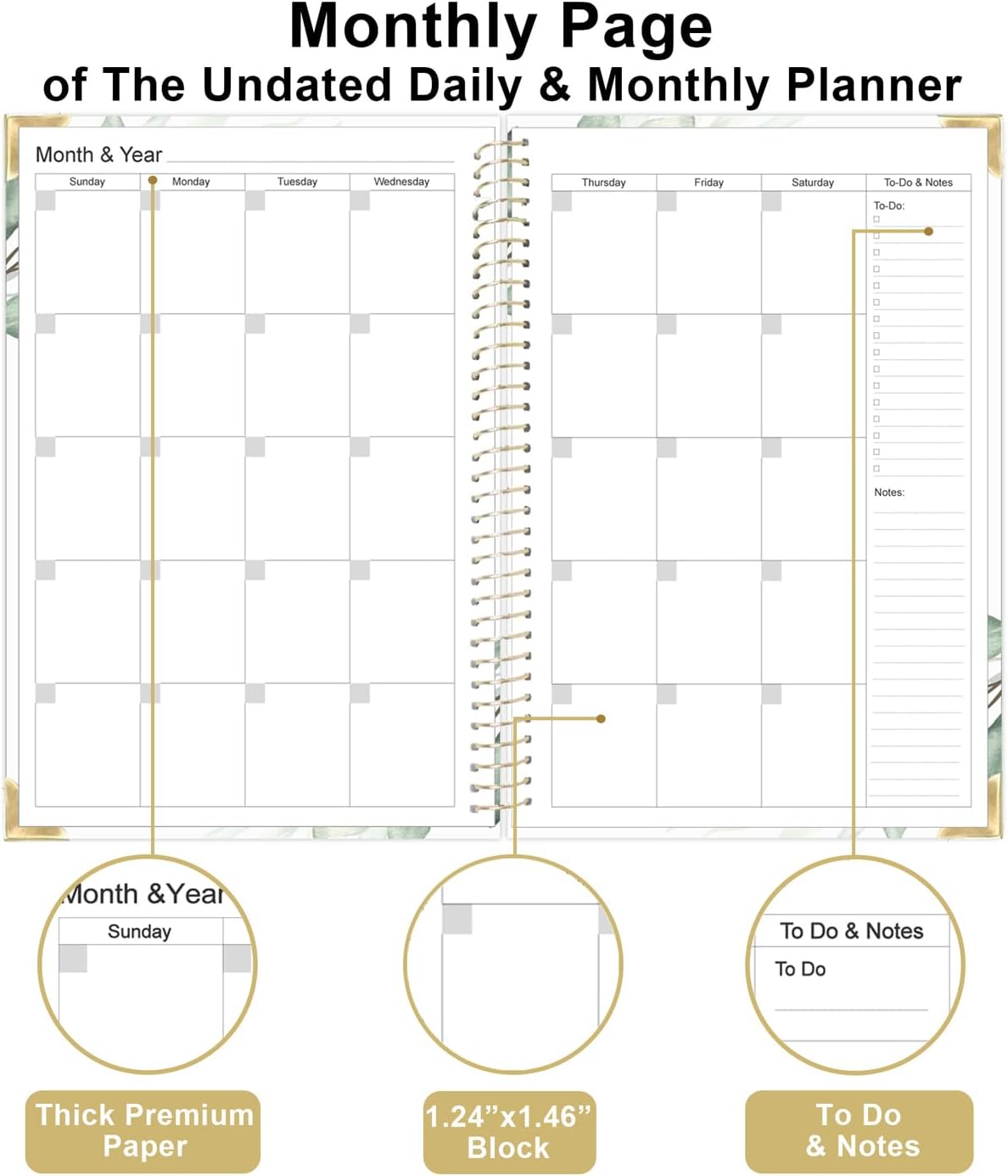 Undated Daily Monthly Planner for 2025 2026 - A5 To Do List with Hourly Schedule, Hardcover Spiral Bound Daily Planner to Increase Focus, Stylish School/Office Supplies, 5.8" x 8.5", Green Leaf