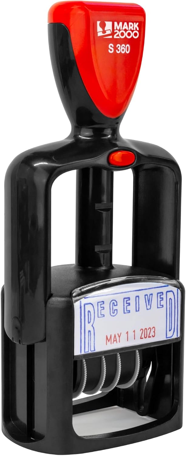 Self-Inking Rubber Date Office Stamp with Scanned Phrase - Red Ink - 12-Year Band