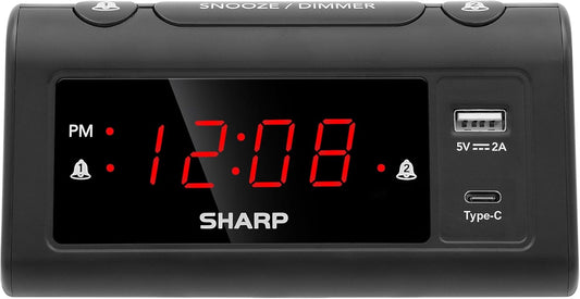 Sharp Alarm Clock for Bedrooms, Super Fast USB-C Charging and Fast 2 Amp USB Charging, 2 Alarms, 3-Step Dimmer, Snooze, Easy to Set Controls, Black with Red LED Display