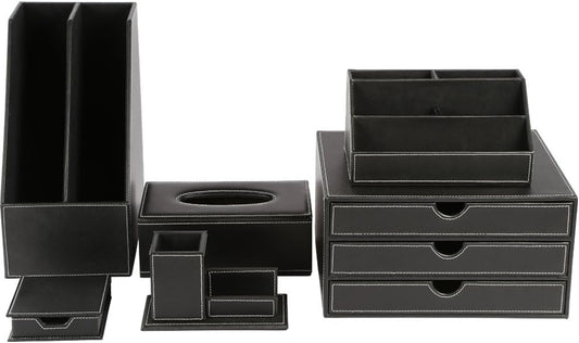 KINGFOM Office Desk Organizer Set 6PCS Desk Set, Desk Organizer Drawer, Files Holder Rack, Multifunction Organizer Box, Pen Holder with Name Card Holder, Memo Paper Holder,and Tissue Box Holder (T05H)