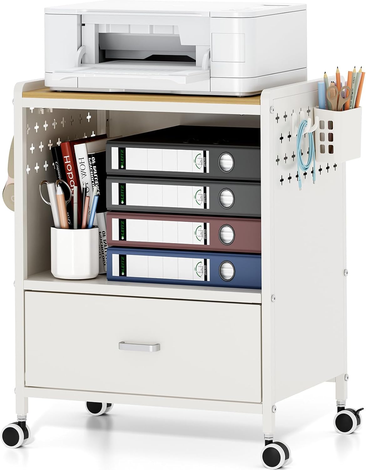 TOOLF 1-Drawer Mobile File Cabinet with Wheels, MDF Wooden Panel Printer Stand with Adjustable Shelves, 2 Storage Bins & 4 Hooks, Home Office Organization