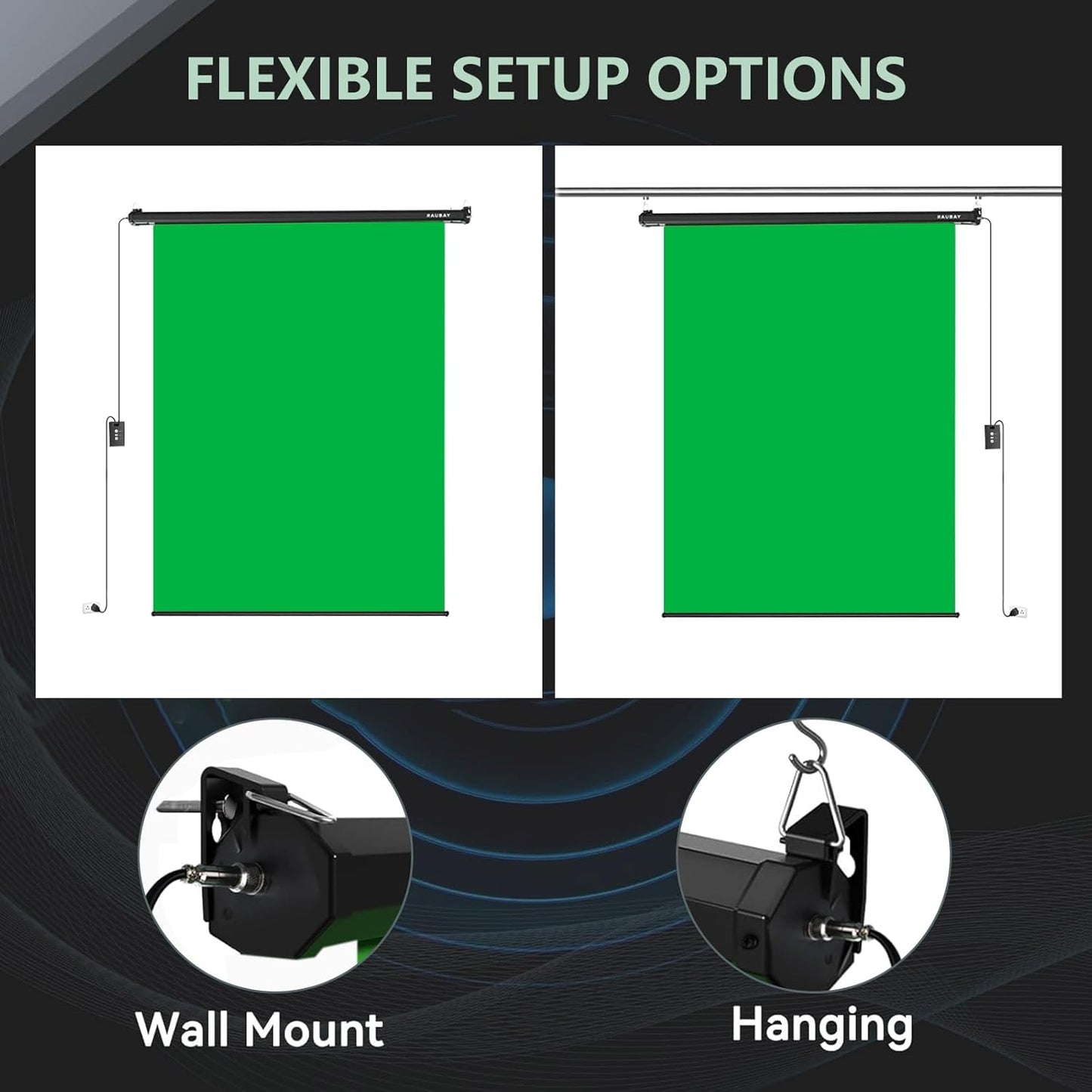 RAUBAY Motorized Pull Down Green Screen - 59.8" x 86.6" Collapsible Wall-Mount Background for Professional Video Production, Chroma Key Backdrop for YouTube, TikTok, Streaming, Video Conferencing