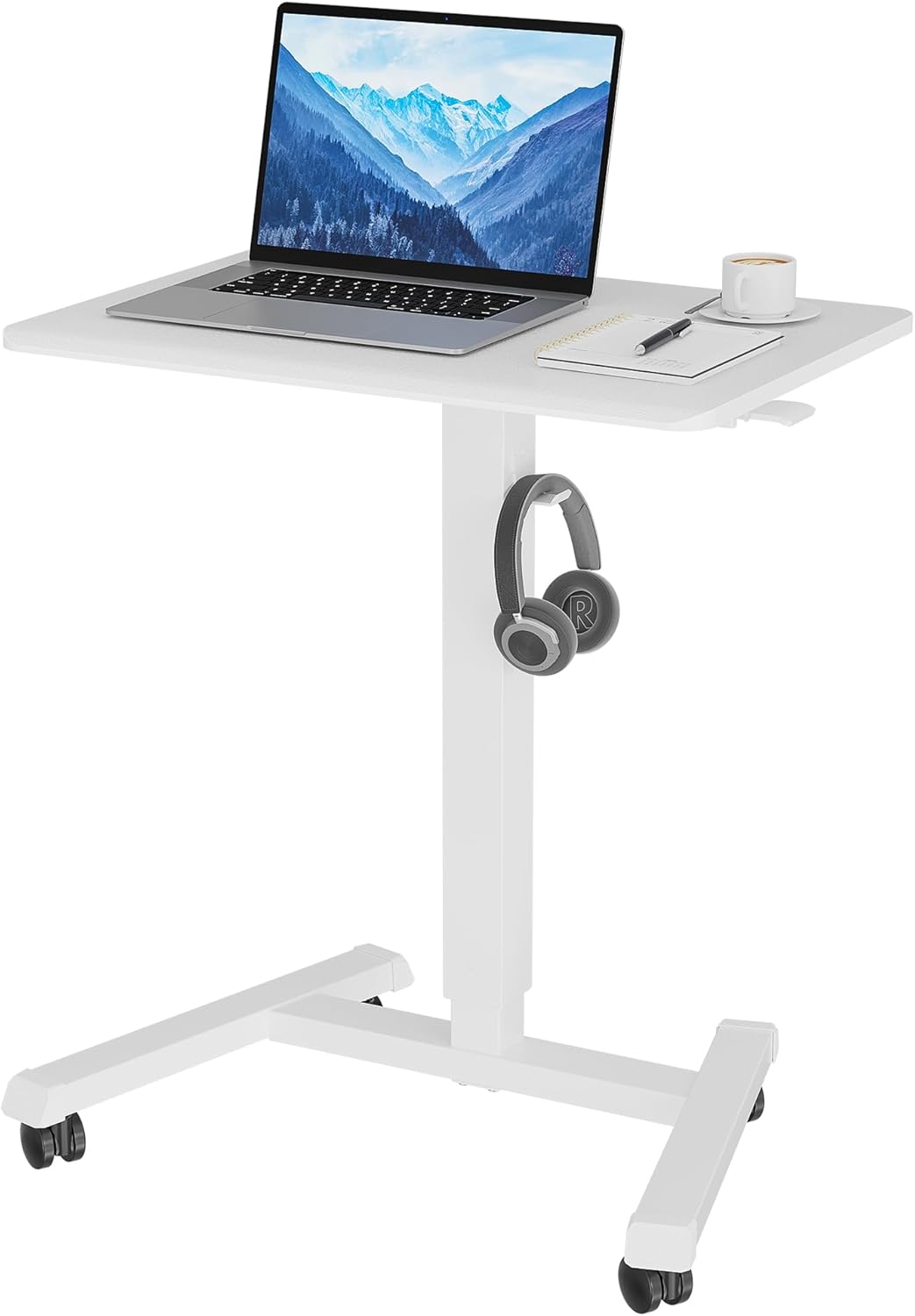 BONTEC Mobile Standing Desk Adjustable Height, Rolling Laptop Cart with Hook, Portable Workstation with Pneumatic Lift, Ergonomic Table with Wheels, Compact Home Office Desk, White 25.6" x 17.7"