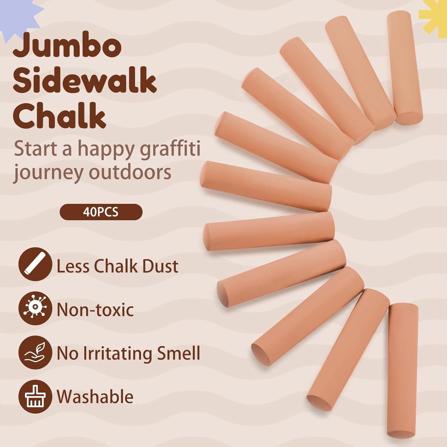 Fulmoon 40 Pcs Jumbo Sidewalk Chalk for Kids Outdoor Art Non Toxic Large Washable Street Chalk for Adults Drawing Painting Classroom(Light Tan,Round Style)