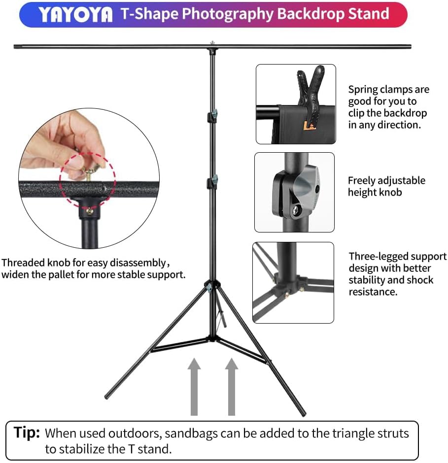 Black White Backdrop Screen with Stand Kit 5x6.5ft for Photo Video Studio, 2-in-1 Revisible Black Backdrop White Screen with T-Shaped Photography Background Support Stand and 5 Clamps