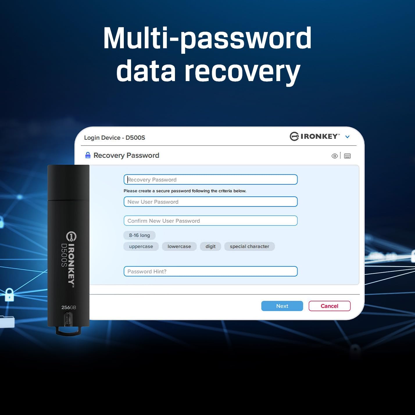Kingston Ironkey D500S 512GB Encrypted Flash Drive | Dual Hidden Partition | FIPS 140-3 Level 3 | XTS-AES 256-bit | BadUSB and Brute Force Protection | Multi-Pin Option | IKD500S/512GB