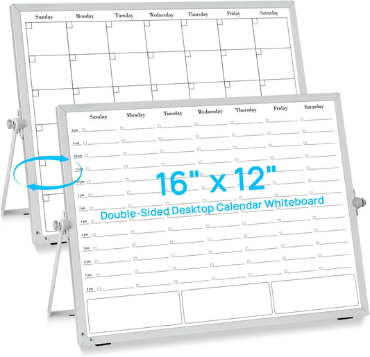 White Board Dry Erase Calendar Planner, Weekly Monthly Magnetic Schedule-Board with Time Slots, Portable Double-Sided Desktop Whiteboard with Stand for Planning, Memo, to Do List 16"×12"