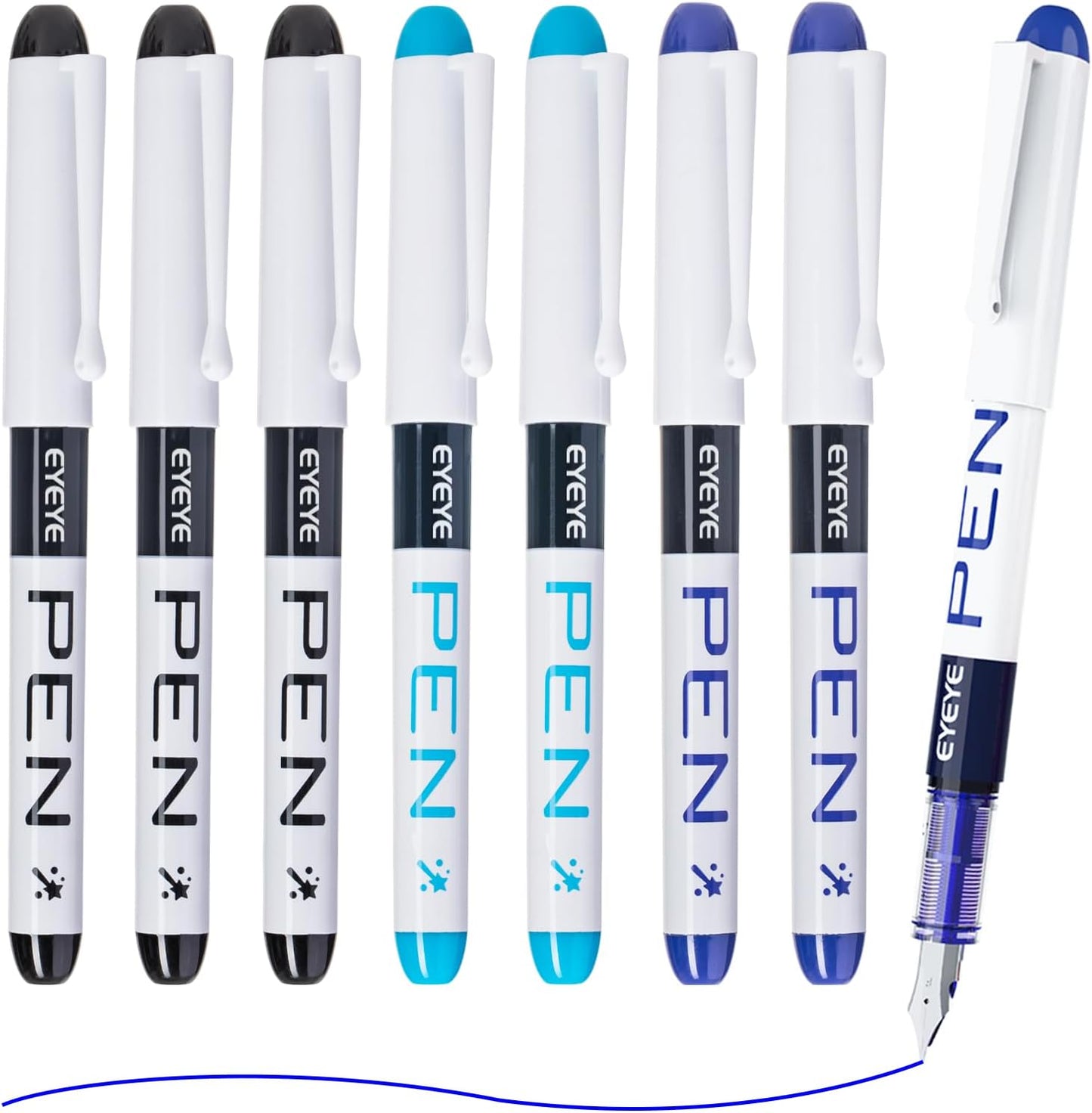 EYEYE Disposable Fountain Pens, 8 Pack 3 Colors Fine Point Pens Stainless Steel Nib, Fountain Pens Smooth Writing for Journaling, Drafting, Sketching, Doodling & Office Supplies