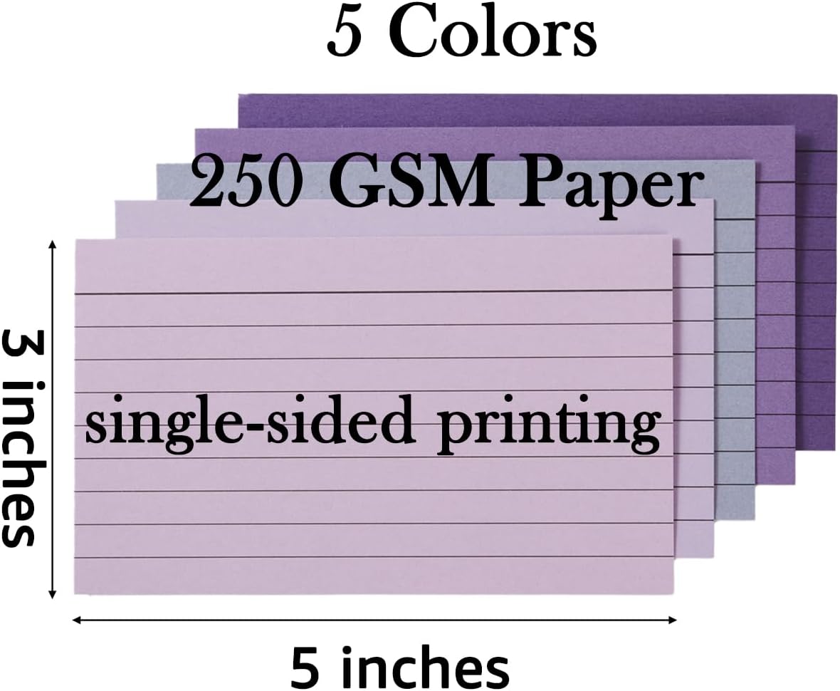 100 Sheets 3x5 Colored Ruled Note Cards Index Cards, 250 GSM Heavy Flashcards, 5 Purple