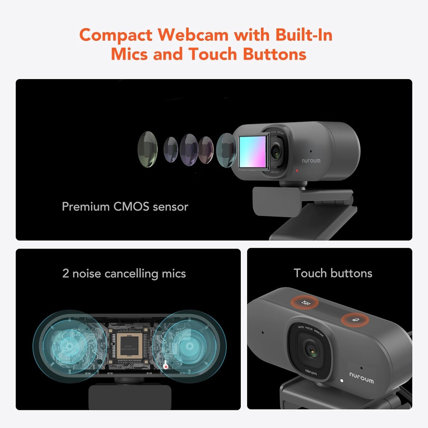 NUROUM V15AF 2K Webcam for PC, 1080P 60fps Autofocus HD Webcam with Dual Noise Cancelling Microphone, 75° FOV&Light Correction, USB Web Camera Plug&Play for Zoom/Teams,Grey
