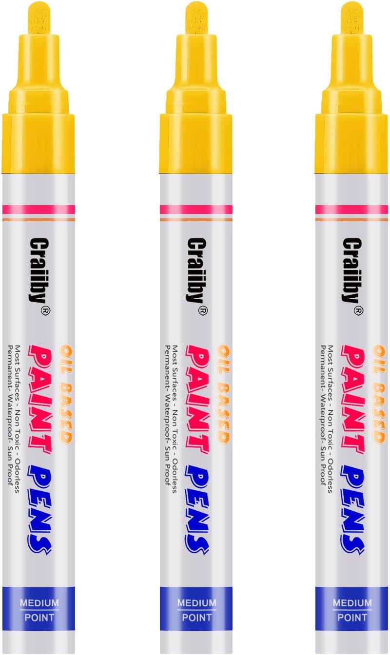 Yellow Paint Markers, 3 Pack Oil-Based Waterproof Quick Dry Permanent Paint Pen Set for Rocks Painting, Wood, Fabric, Plastic, Canvas, Glass, Mugs, Metal, Tire, Stone, DIY Craft