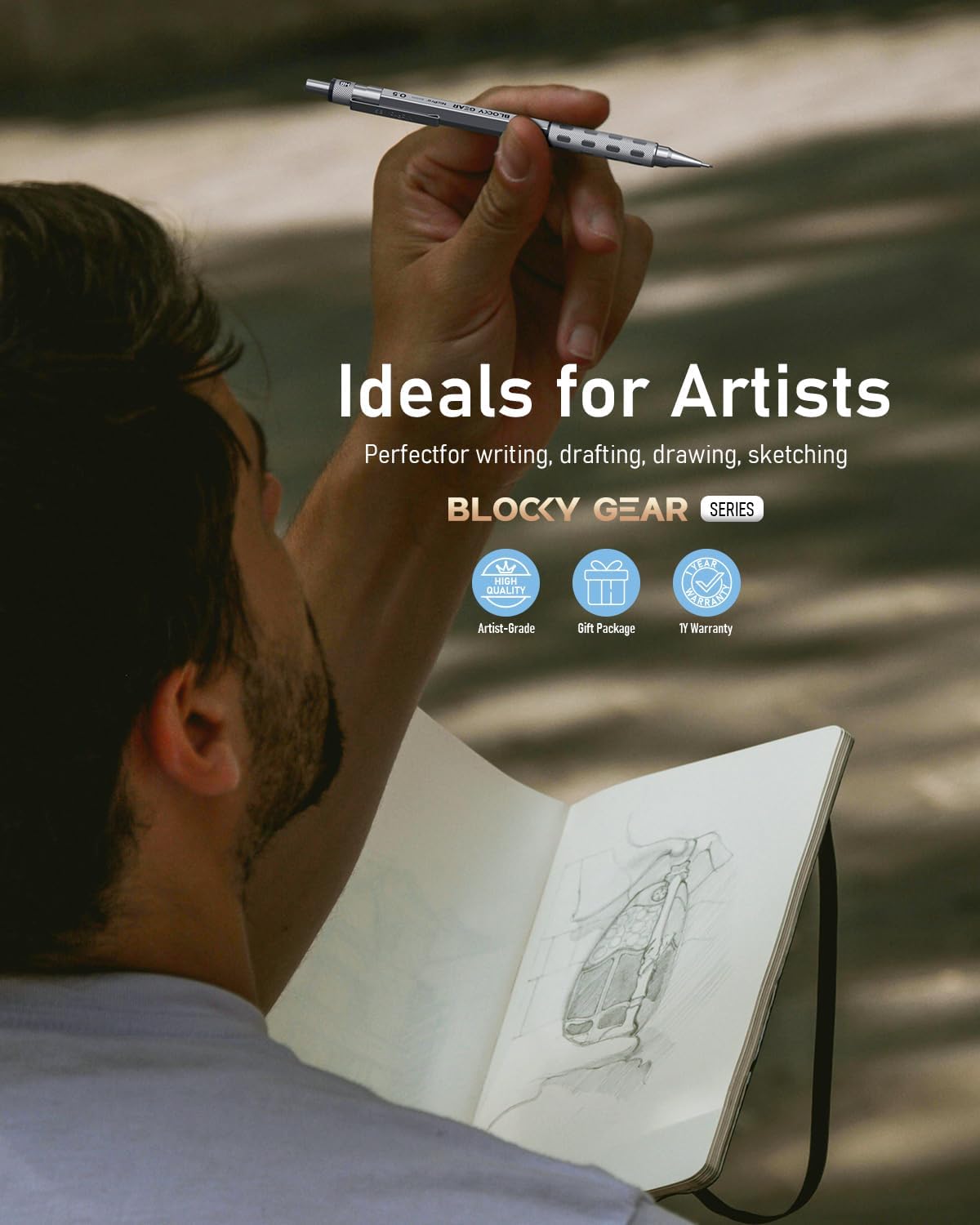 Nicpro Blocky Gear 0.5 mm & 0.7 mm Mechanical Pencils Set in Case, Metal Pencil with 6 Tube Lead Refills, Eraser, Eraser Refills for Professional & Adult Art Writing Drafting Drawing Sketching