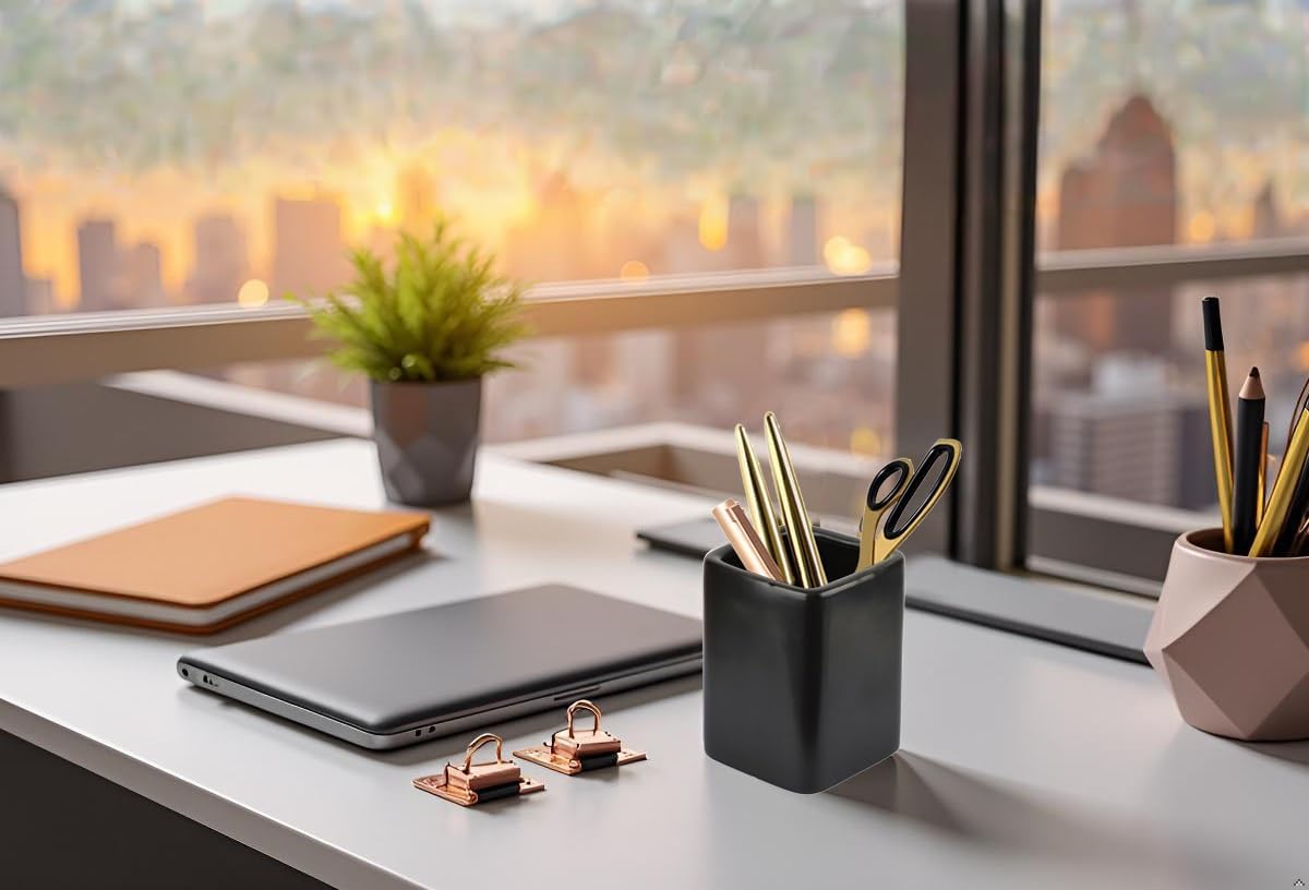 Square Ceramics Desk Pencil Holder for Men and Woman, Suitable for Offices and Homes(Black)