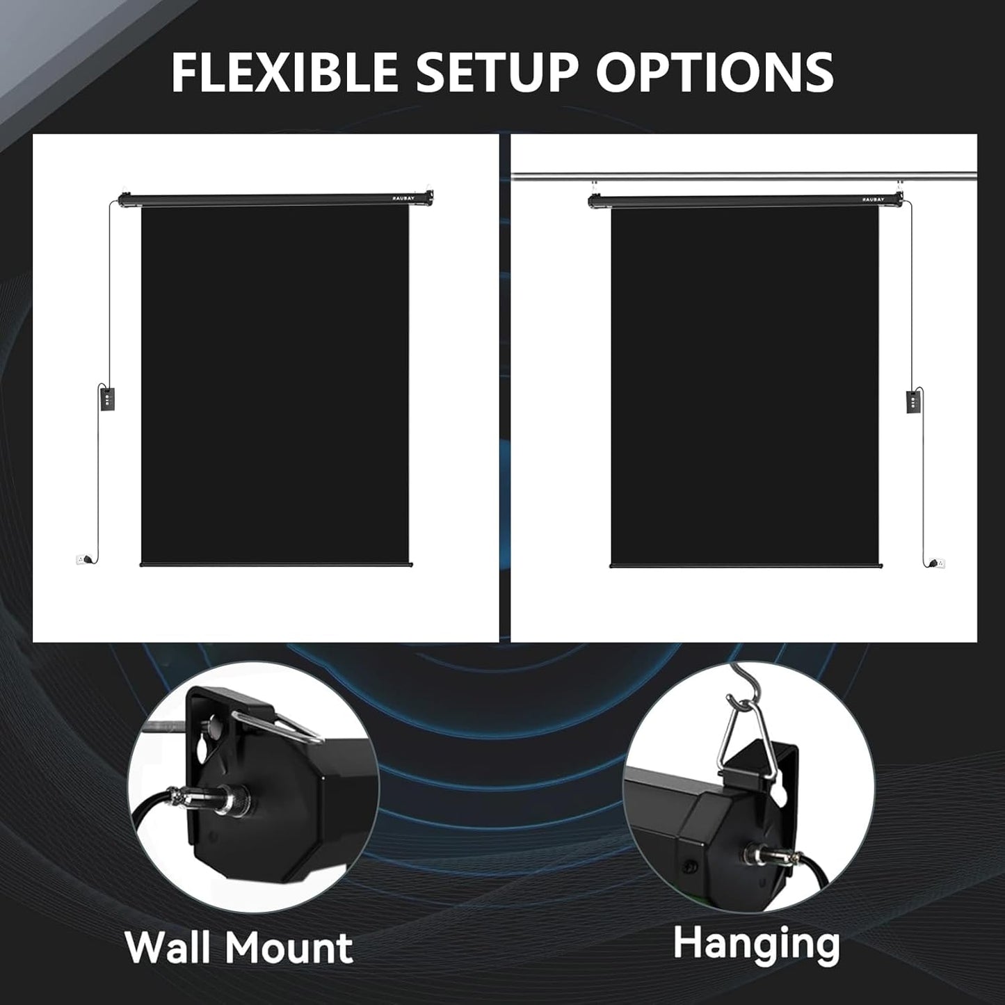 RAUBAY Motorized Pull Down Black Screen Backdrop - 59.8" x 86.6" Collapsible Wall-Mount Background for Professional Video Production, Photography Studio, Video Conferencing and YouTube, TikTok Creator