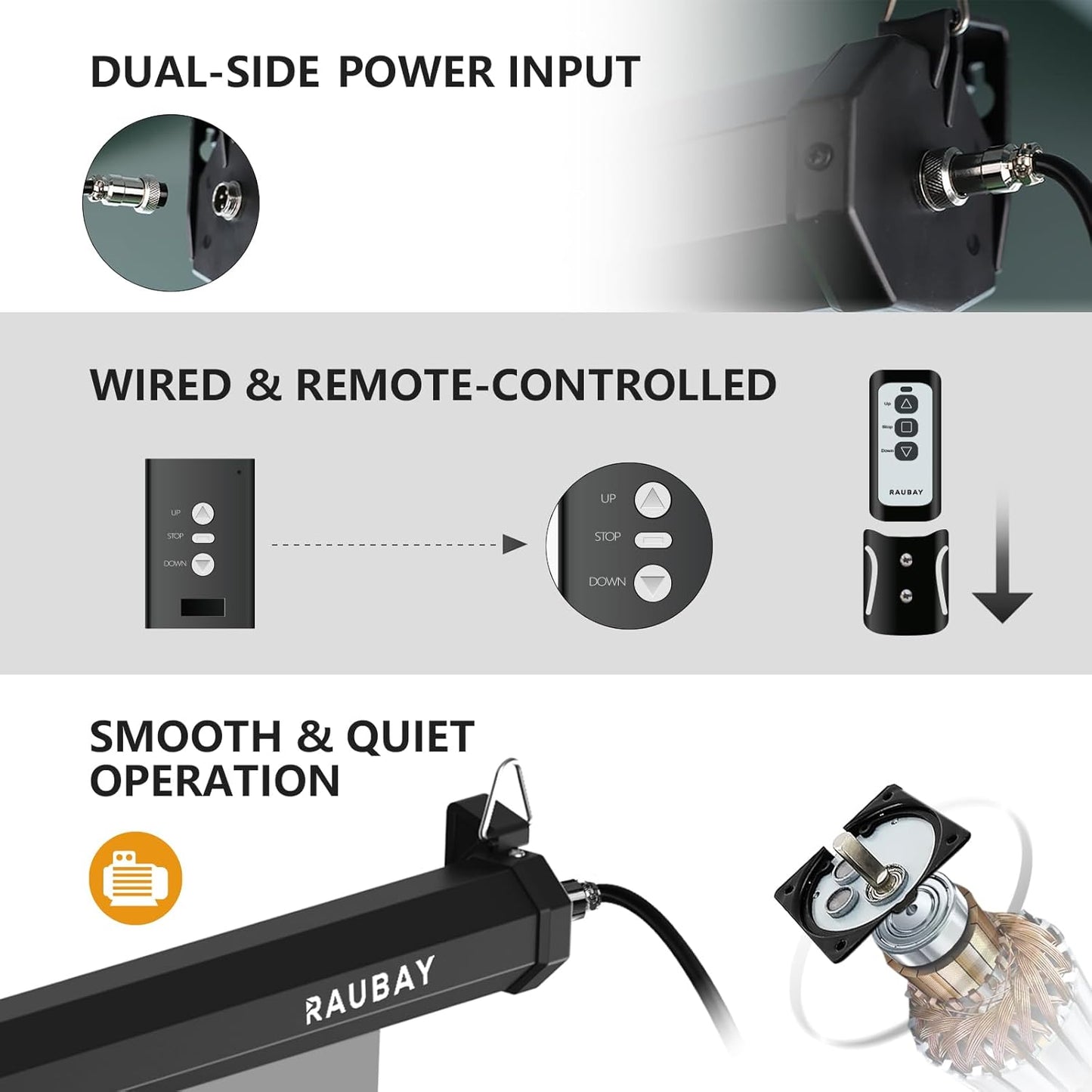 RAUBAY Motorized Pull Down Grey Screen Backdrop - 59.8" x 86.6" Collapsible Wall-Mount Background for Professional Video Production, Photography Studio, Video Conferencing and YouTube, TikTok Creator