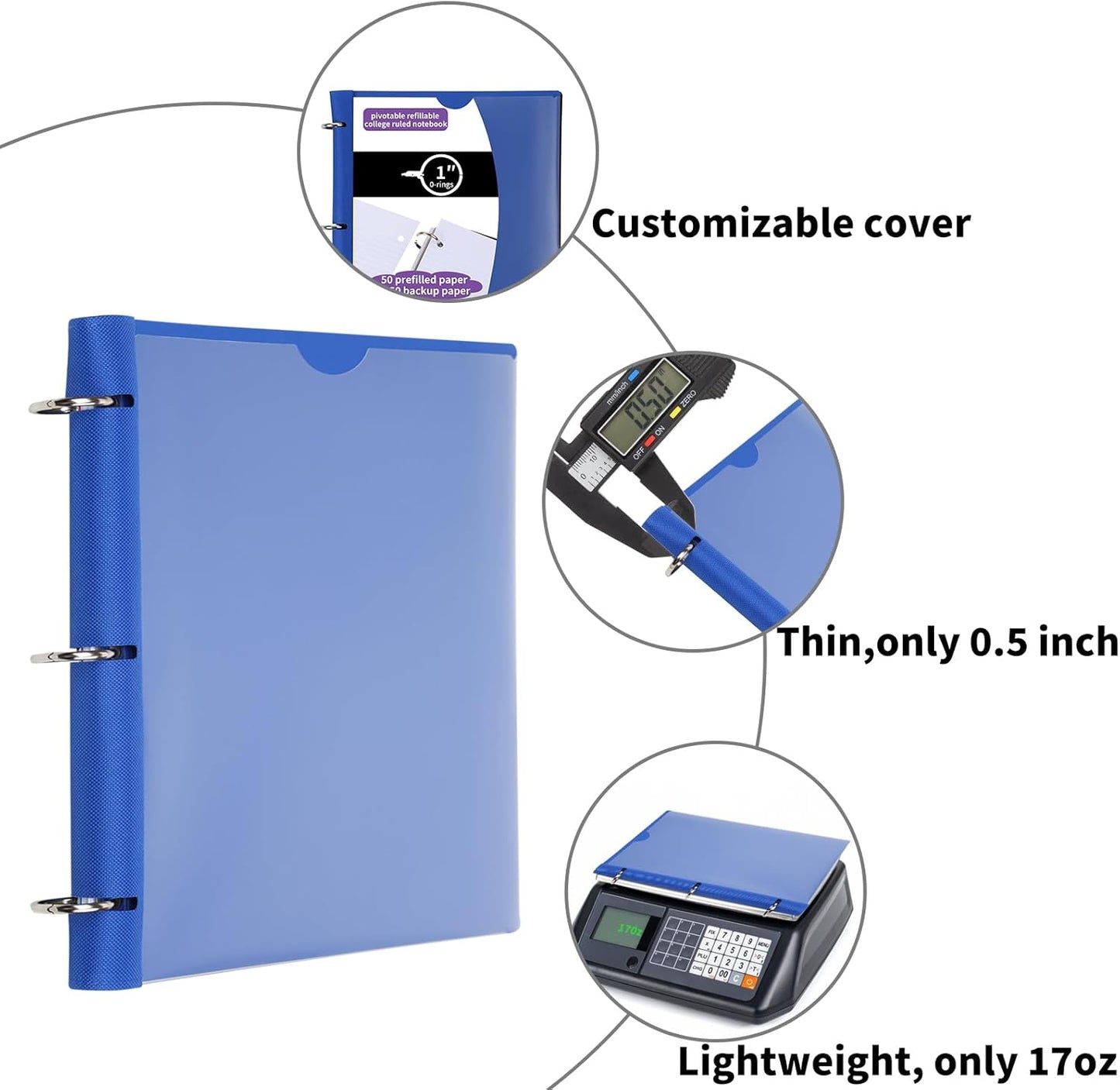 Pivotable Refillable Notebook, 1 Inch 3 Ring Notebook Binder, 100 College Ruled Paper, 5 Subject Notebook with Dividers and Folder Pockets, Tabs- Blue