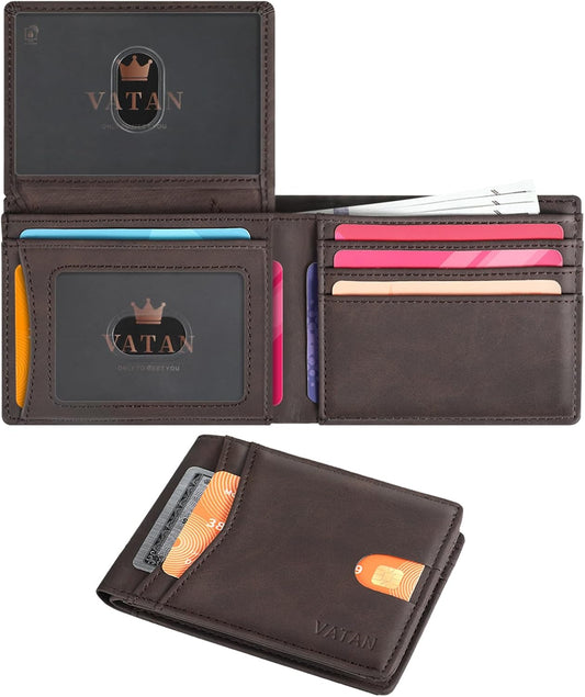 VATAN Wallet for Men, Mens Minimalist Wallet Credit Card Holder, Slim Leather Rfid 2 ID Window Large Capacity With Gift Box (Crazy Horse Deep Brown)
