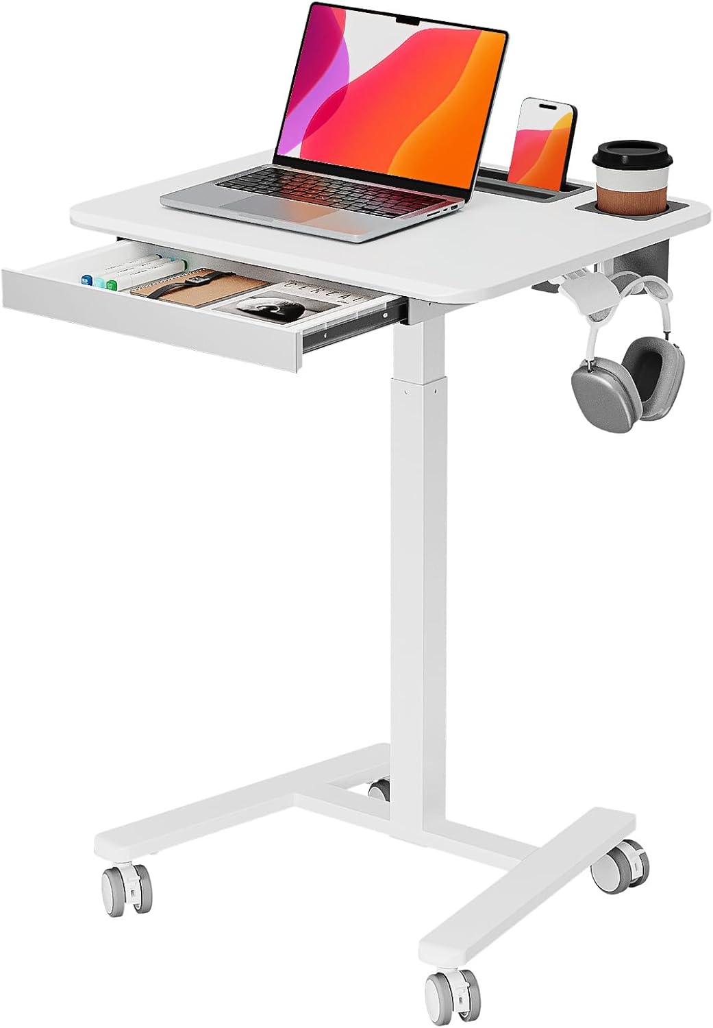 Mobile Small Standing Desk with Drawer, 23.6"x19.7" Rolling Laptop Cart on Wheels, Height Adjustable Sit Stand Computer Workstation with Storage for Compact Space, White