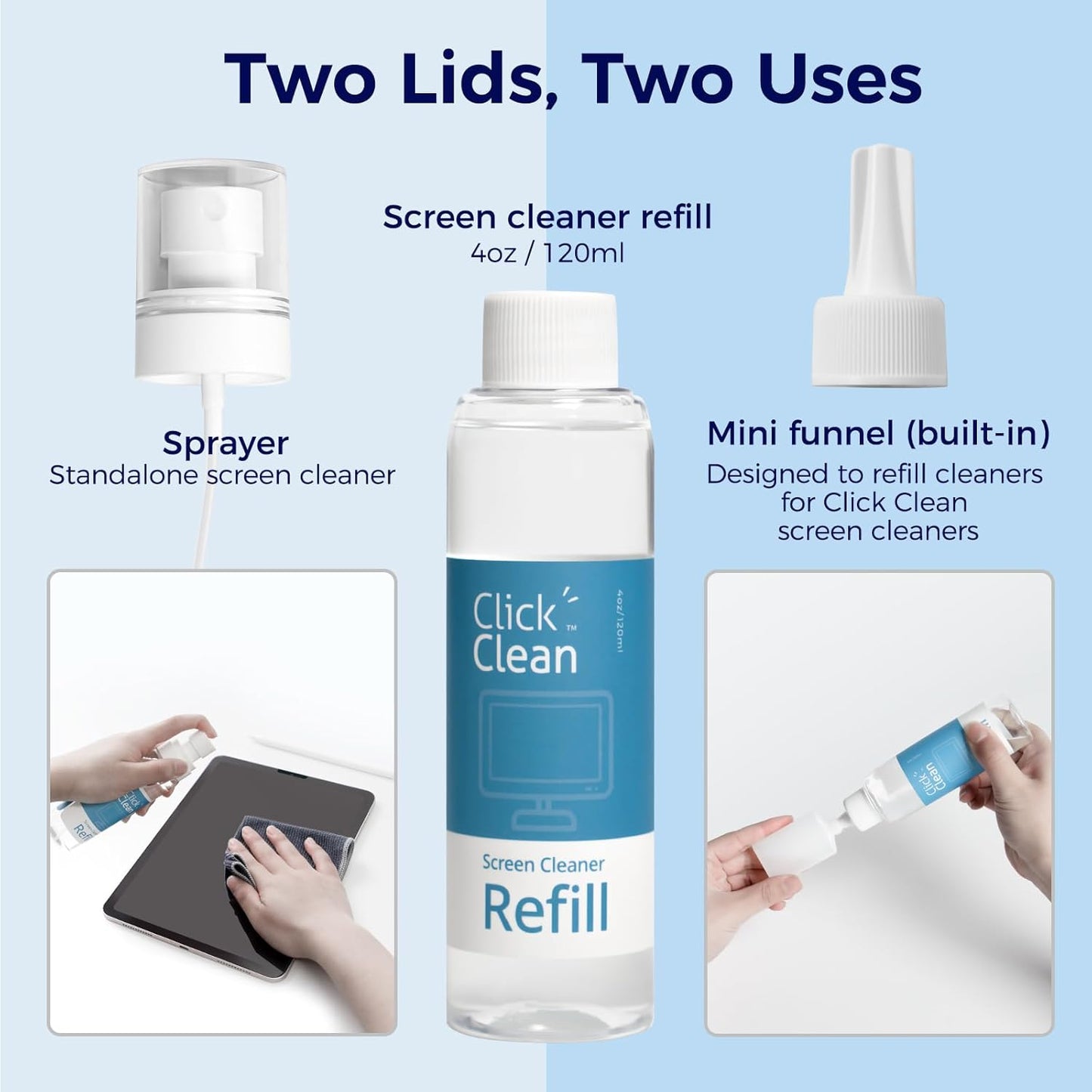Click Clean Screen Cleaner Kits - 4 All-in-One Mist Cleaner with 4 oz Refill, 1 Microfiber Cloth(7.8 x 7.8in), 1 Mini Funnel, and 1 Sprayer - for All Phones, Laptop and Tablet Screens