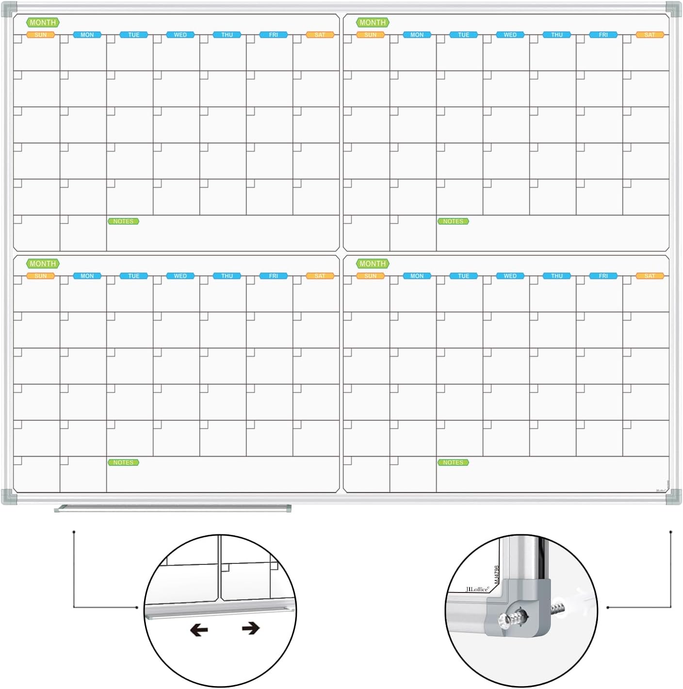 JILoffice Magnetic Dry Erase Calendar Whiteboard, 4 Month White Board Planner 48 X 36 Inch, Silver Aluminum Frame Wall Mounted Board for Office Home and School