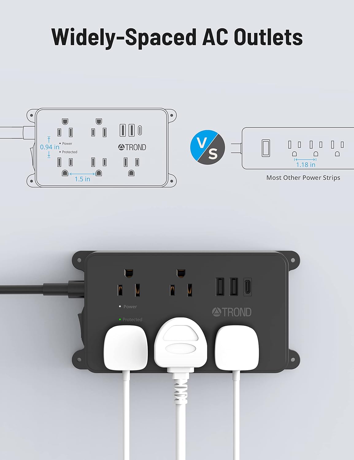 TROND Surge Protector Power Strip with USB, 10ft Extension Cord, ETL Listed, 5 Widely-Spaced Outlets with 3 USB Ports, 1300J, Low-Profile Flat Plug, Wall Mountable, 14AWG Heavy Duty, Black