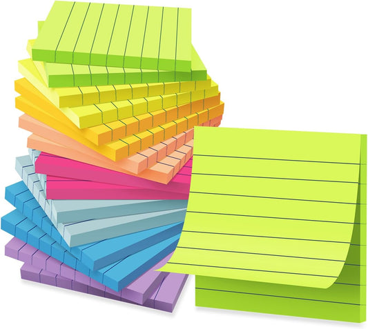 (16 Pack) Lined Sticky Notes 3x3 in Ruled Stickies Super Sticking Power Memo Pads Bright Colors