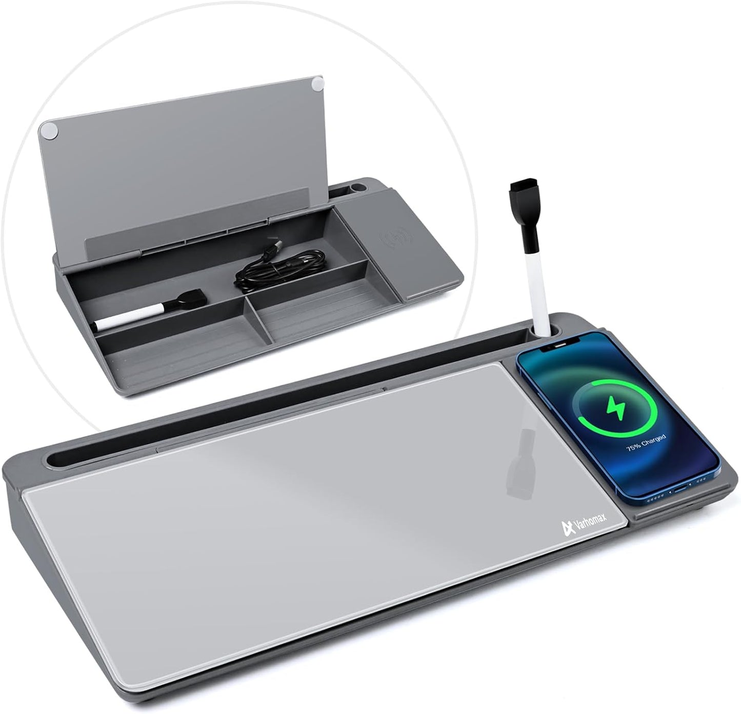 Varhomax Glass Desk Whiteboard with Wireless Charger, Desktop Dry Erase White Board with Storage, to Do List Memo Notepad for Home and Office (Gray)