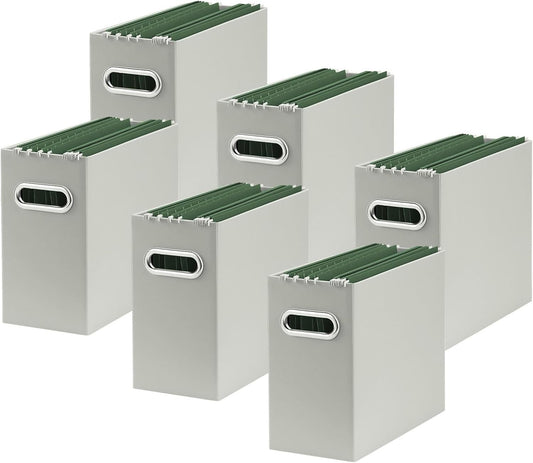 Oterri File Organizer, 6 Packs Small Storage Box, Cardboard File Folder Organizer, Collapsible File Box for Hanging File Folders Letter Size, Portable Filing Organizer with Handle(Grey)