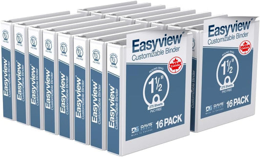 Easyview Premium 3-Ring Binders with Clear-View Covers and Round Rings, Binders for School or Office, 1.5 Inch, Pack of 16, White