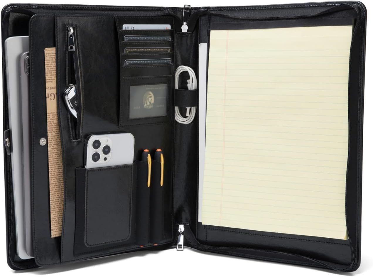 Vegan Leather Portfolio, Legal Size 8.5 x 14 Pad Holder, Business Padfolio for Men and Women, Zippered Laptop Organizer, Executive Professional Work Travel Notepad Folio, Black
